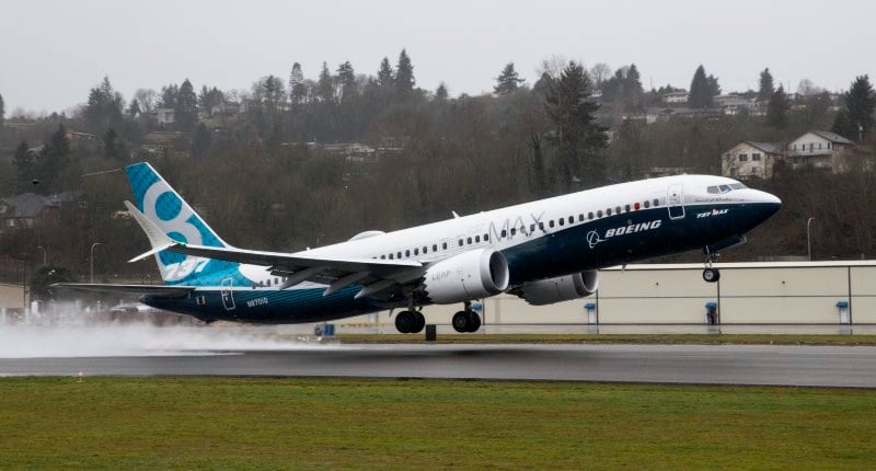A 737 MAX 8 taking off during a flight test.